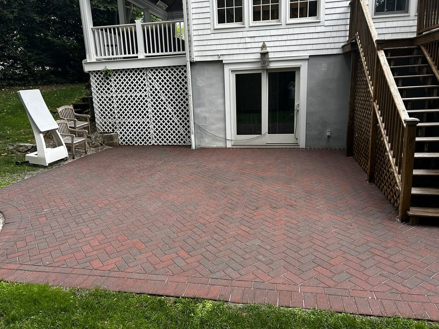 Herringbone paver patio after cleaning and resanding